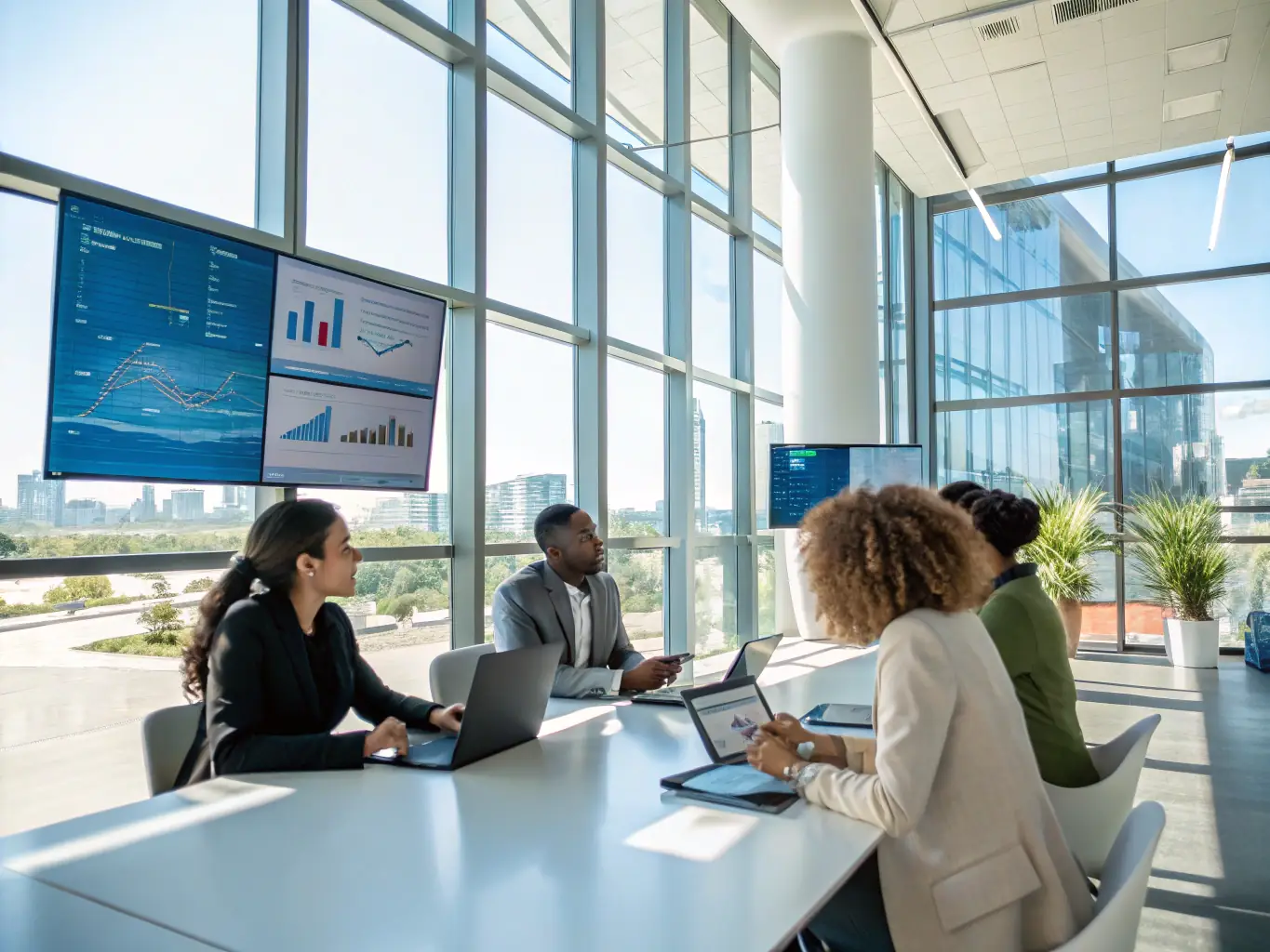 A vibrant image showcasing a team brainstorming digital marketing strategies in a modern office setting, emphasizing collaboration and innovation.