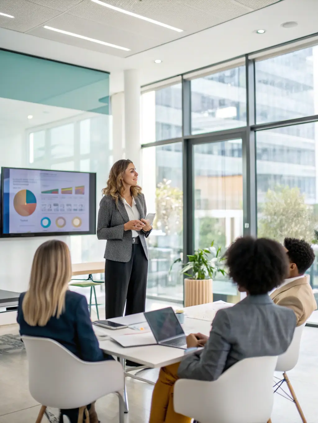 A professional woman confidently leading a workshop, surrounded by engaged participants, demonstrating Trusted Ever's life coaching expertise.