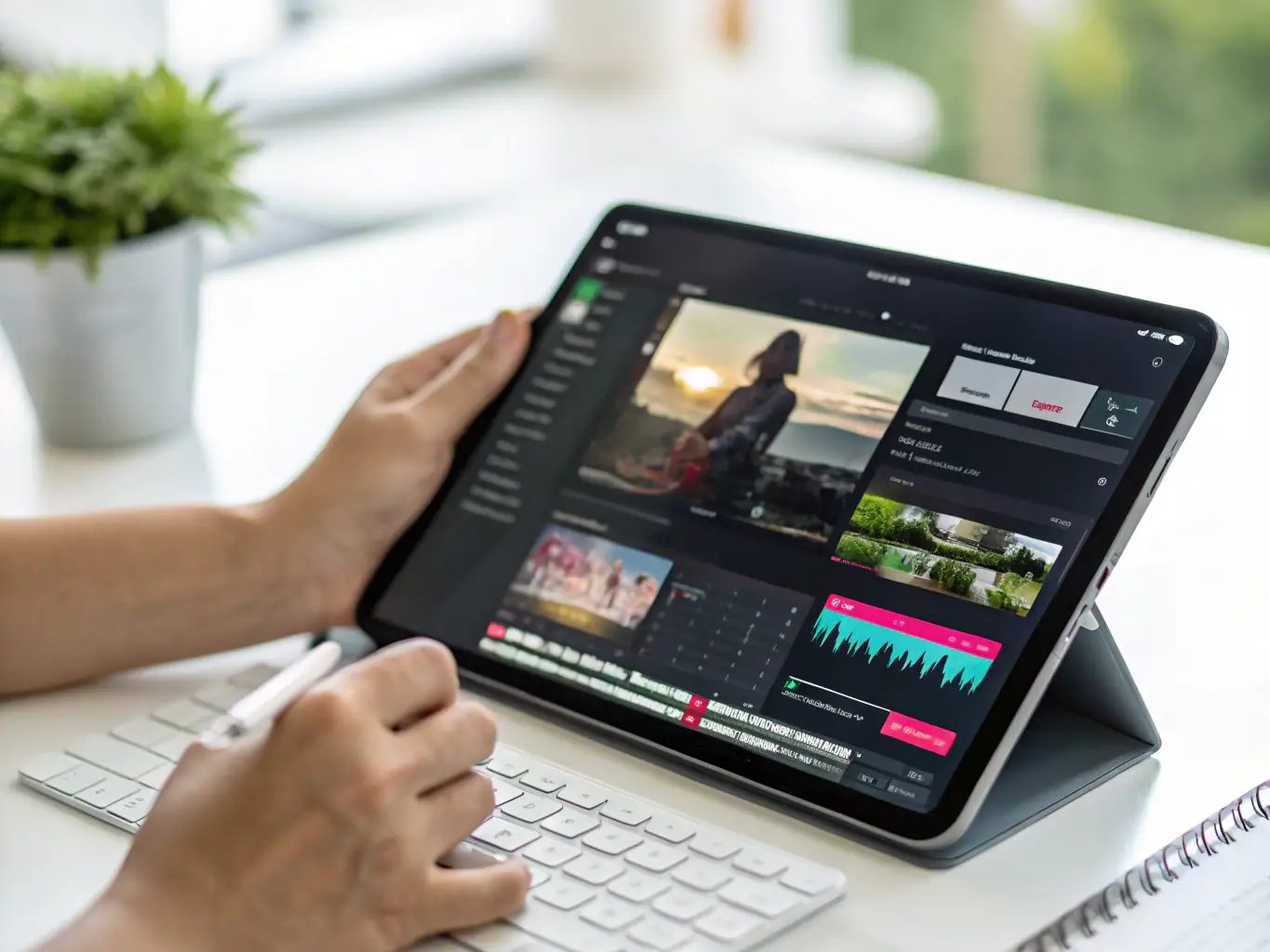 An image of creative content being developed on a tablet, showing a mix of text, graphics, and video elements.